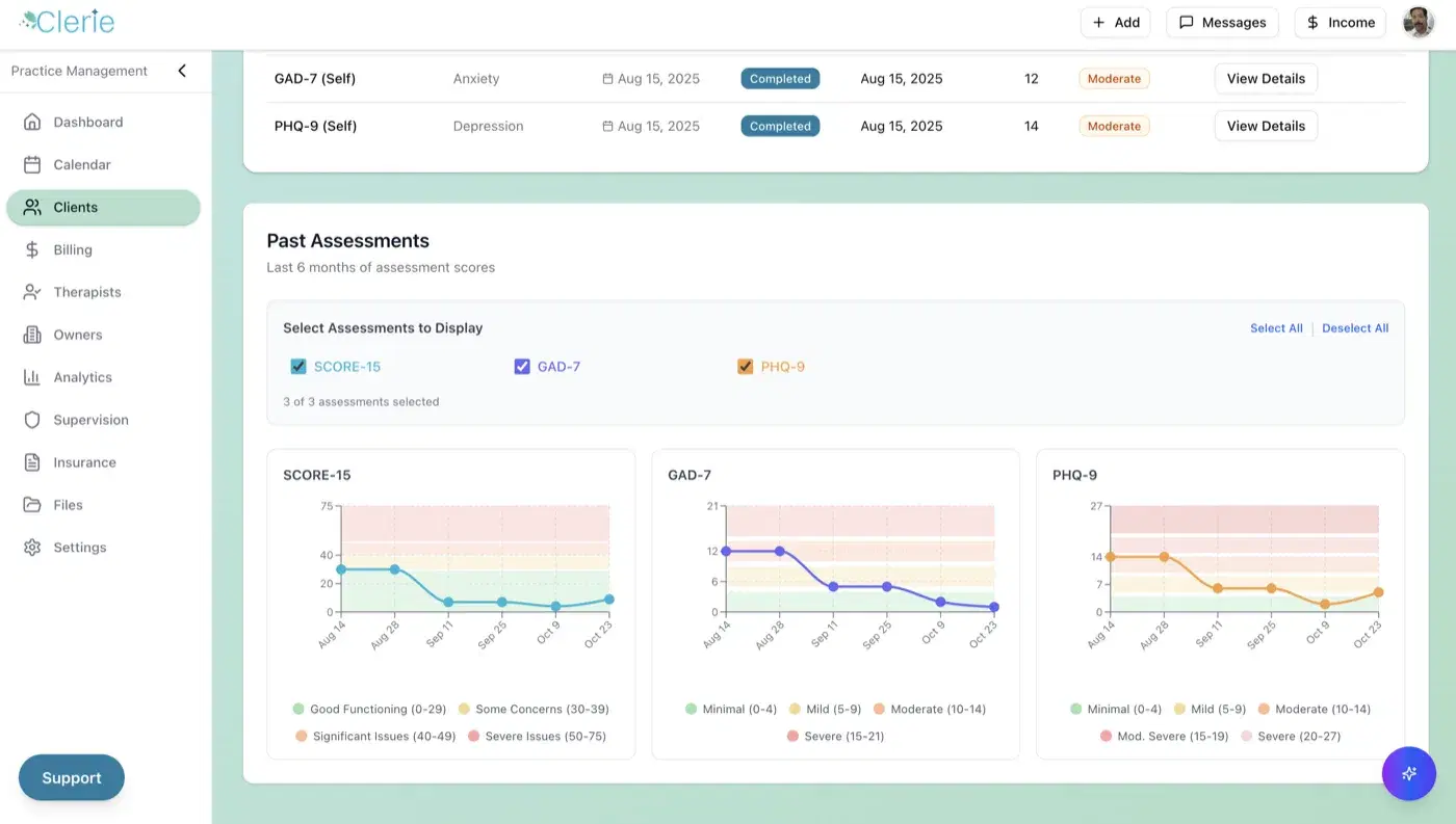 GAD-7 and PHQ-9 assessment scores in Clerie with severity bands over time
