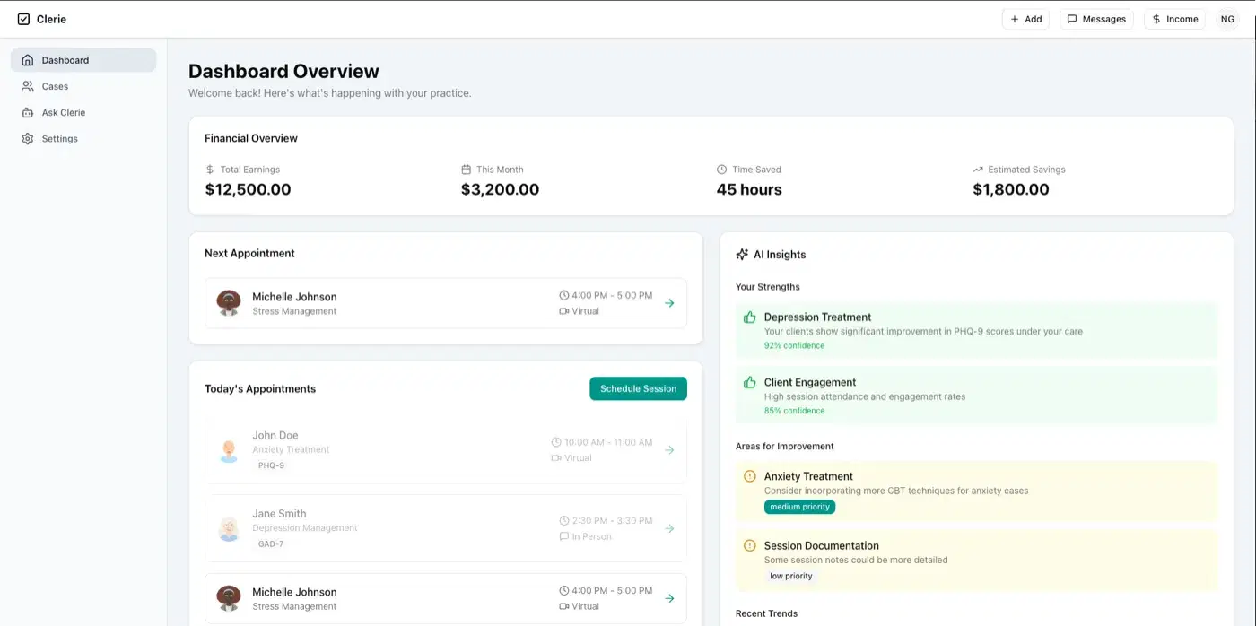 The Clerie dashboard showing the clinic metrics Ask Clerie can pull and export