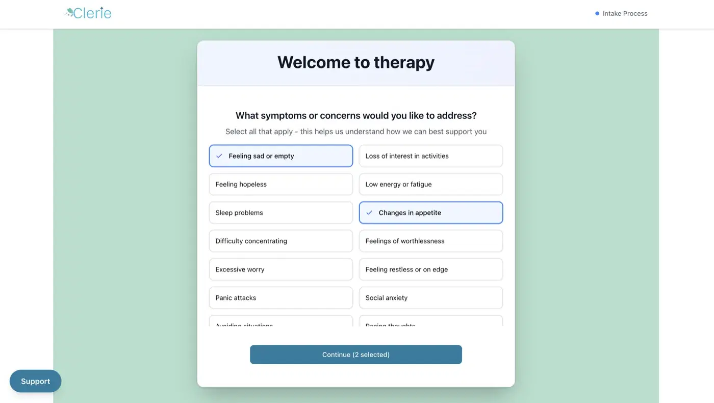 The Clerie client onboarding flow: reason for visit, consent signature, and insurance card upload in one booking