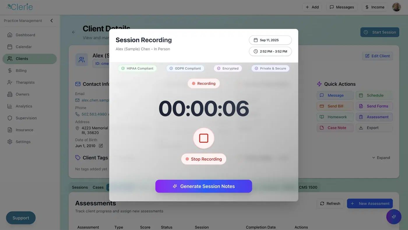 Clerie's in-session recorder drafting a therapy note