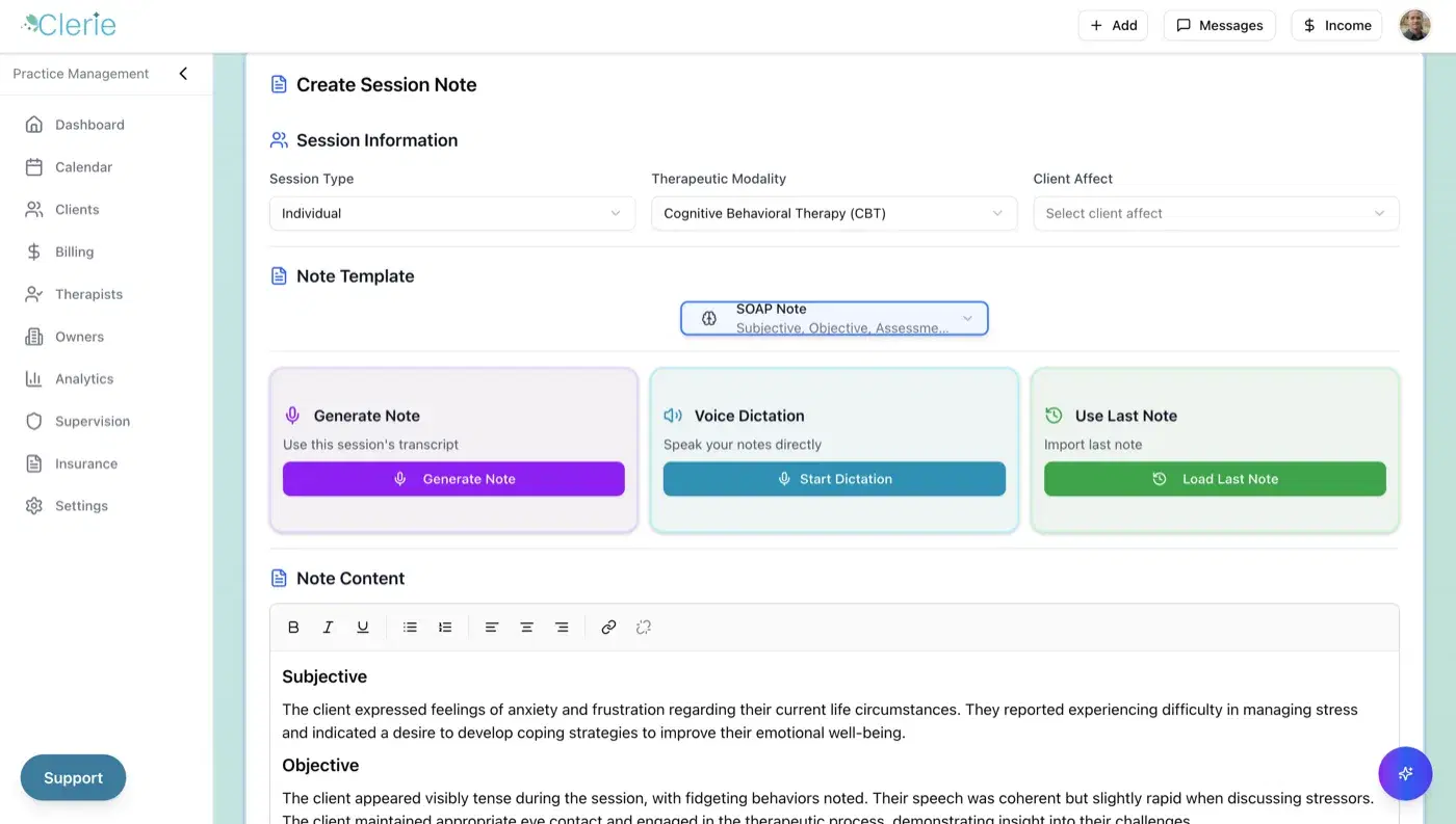 A session note in Clerie with the AI-drafted note content ready to review
